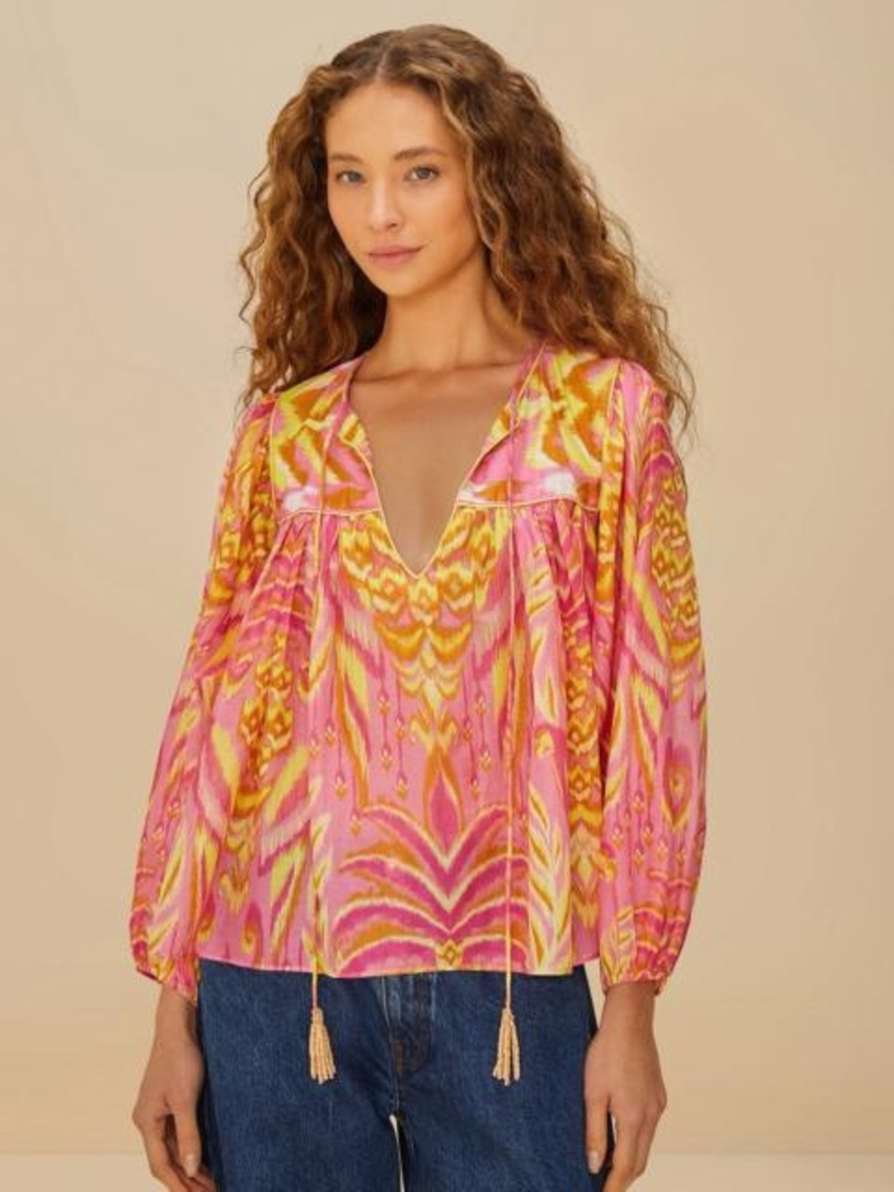 FARM Rio Pineapple Tapestry tassel-neckline patterned top Medium
